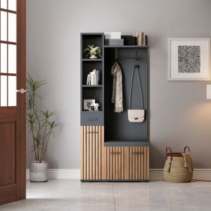 Porte-Manteau, Meuble d’Entrée,Vestiaire avec banc à chaussures, avec 2 penderies, 2 crochets, 80x35x175 cm