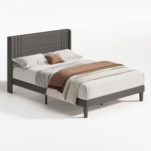 Lit double Bealife 160 x 200 cm avec T&ecirc;te de Lit Rev&ecirc;tement en Lin Structure en Bois et M&eacute;tal avec 20 cm de Rangement Gris Fonc&eacute;