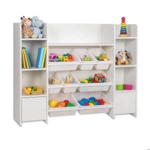 Relaxdays Étagère pour enfants, grande, 8 boîtes, 14 compartiments, HxLxP : 94x139x30 cm, rangement pour jouets, blanc