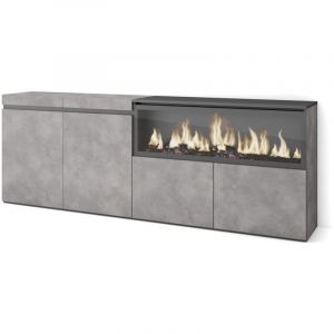 Skraut Home - Buffet salon et cuisine, Meuble de Rangement, Commode, 210, 4 Portes, Cheminée électrique xxl, Style moderne, Gris Ciment