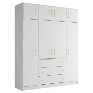 Armoire 4 portes et 3 tiroirs - L196 cm - Blanc + Réhausse - LIZANDRO