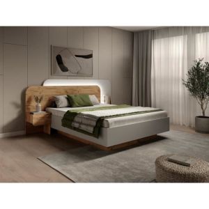 Lit coffre avec chevets 160 x 200 cm - LEDs - Naturel et blanc + Matelas - DESADO