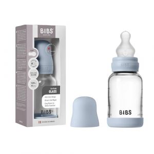 BIBS Baby Glass Bottle Silicone biberon anti-colique avec bec en silicone Baby Blue 120 ml
