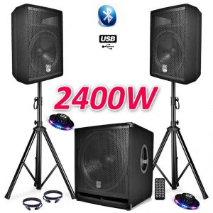 Bm sonic PACK SONO COMPLET BMS1812 USB/Bluetooth 2400W Sub 18 + 2 Enceintes 12 + Pieds + Câbles + Tél + 2 Ovni