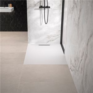 Kinedo Receveur de douche Kineline bonde côté L 1,40 mx90 blanc texture granit évac. caniveau (cache-bonde, grille et bonde extra plate inclus)
