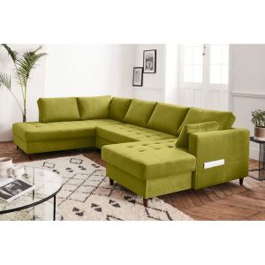 Anna - canap&eacute; panoramique d'angle gauche - 7 places - convertible avec coffre - en velours - Vert Olive