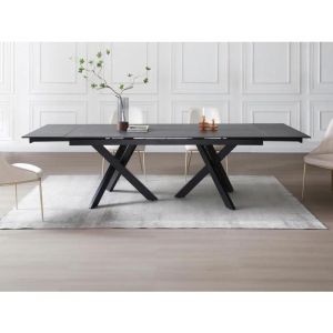 Vente-unique - Table à manger extensible 8 à 12 personnes en verre trempé et céramique - Effet marbre noir - mariso