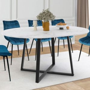 Idmarket Table à manger extensible ronde SELMA 4-8 personnes noir et plateau marbre blanc ALASKA 110 - 150 cm