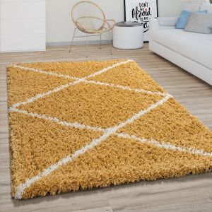 Tapis Poils Longs Salon Shaggy Motif Losanges Scandinave, Moderne Jaune 140x200 cm - Paco Home