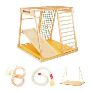 Image de France Trampoline Depuis 1971 KIDWOOD Triangle d'escalade intérieur en Bois Naturel Sailor pour Enfant | Fourni avec Balançoire, Toboggan, Corde et Anneaux | Méthode Montessori