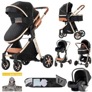 Poussette Magic Zc Poussette 3 En 1 Pousette Pousette Trio 3 En 1 Pliage En Un Clic Sac &Agrave; Main Serviette De Bain 0-3 Ans Noir Or