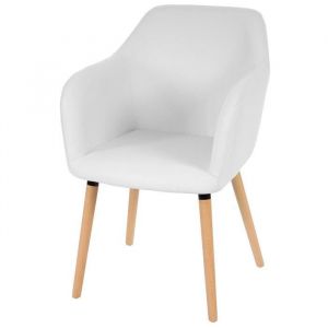 Décoshop26 Chaise de salle à manger cuisine design retro en simili cuir blanc pieds bois clair