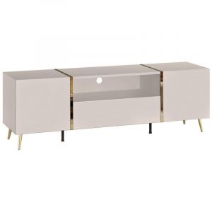 Meuble TV avec 2 portes, 1 tiroir et 1 niche - Beige et Doré - MARZIALO