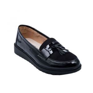 Mocassins vernis femme semelle compens&eacute;e confort int&eacute;rieur cuir & pampille