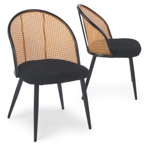 Lot de 2 chaises design Showan avec cannage Rotin et Tissu bouclette Noir