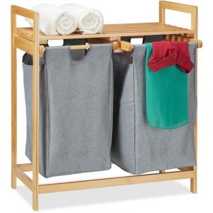 Relaxdays Panier à linge avec rangement, 2 compartiments, 2x 30 l sacs, bambou, amovibles, 73 x 64 x 33 cm, nature/gris
