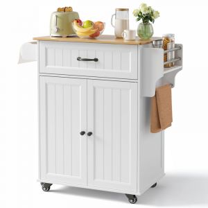 Bealife Desserte de Cuisine &agrave; Roulettes 3 Niveaux Meuble de Rangement Mobiles avec Placard Tiroir Porte-Epices Porte-Serviettes Blanche