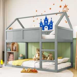 Lit superposé 90x200cm - avec escalier - structure en bois massif - Gris