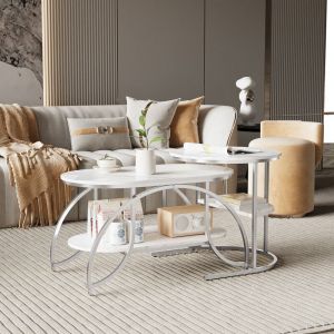 Table basse aspect marbre - Table d'appoint pour salon - 2 Niveaux Rangement - Diam&egrave;tre 52 + 80x46 cm - Grande table rond - MDF - Aspect marbre blanc
