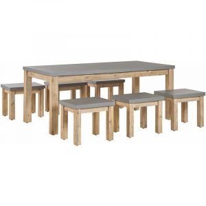Beliani Set de jardin table et 6 tabourets gris en fibre-ciment et bois OSTUNI