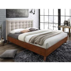 Lit 160 x 200 cm avec tête de lit capitonnée - Tissu - Beige + Matelas - FRANCESCO