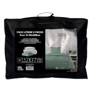 Soleil d'Ocre Ensemble Couette et Parure 5 Pi&egrave;ces Boheme Vert Eau pour lit en 90x200 cm