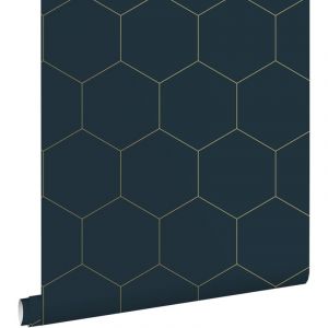 Estahome - papier peint hexagone bleu foncé et or