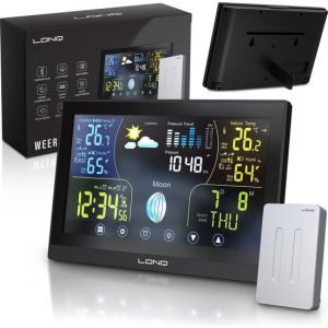 LONQ Station météo intérieure et extérieure Q2 - Piles incluses - Station météo sans fil avec capteur extérieur - Thermomètre Hygromètre - Ecran tactile couleur - Horloge contrôlée par DCF