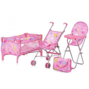 Chipolino TRIXY Ensemble 3en1 pour poupée Poussette pliable avec sac à langer Chaise haute Lit parapluie jouet enfant 3-6 ans Coeurs