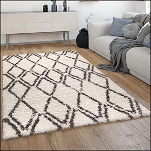 Tapis Shaggy Tapis De Salon Shaggy Poil Long Motif Diamant Scandinave Moderne 200 cm carré, Crème 4 - Paco Home