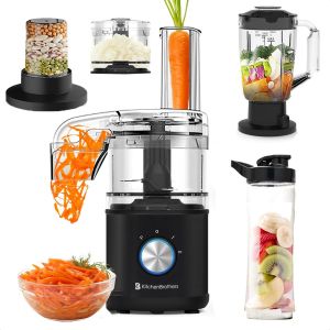 Robot de cuisine - KitchenBrothers - 4 en 1 - Mixeur - Hachoir - Coupes légumes - Moulin à café et épices - Noir