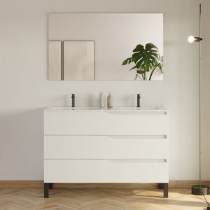 Meuble de salle de bain 120cm avec plan double vasque - 3 tiroirs - blanc - MATA
