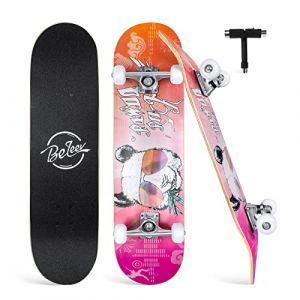 BELEEV Skateboard 31x8 pour D&eacute;butants, Enfants, Adolescents et Adulte, Complet Pro Cruiser Skateboard pour Fille Garcon, &Eacute;rable Canadien 7 Couches, Double Plateau Concave avec Outil en T