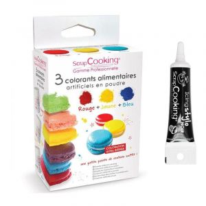 3 colorants alimentaires en poudre jaune-rouge-bleu + Stylo gla