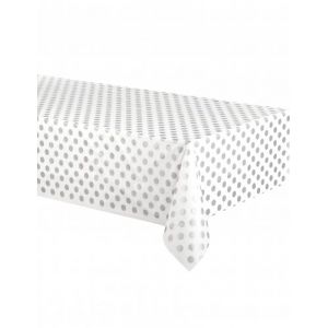 Nappe en plastique blanc &agrave; pois gris 137 x 274 cm Taille Unique