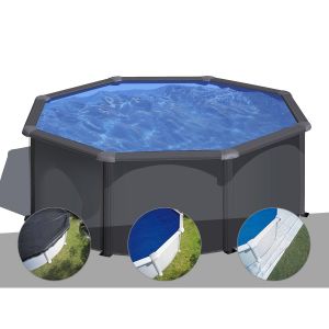 Gre Kit piscine acier gris anthracite Louko ronde 3,20 x 1,22 m + Bâche d'hivernage + Bâche à bulles + Tapis de sol