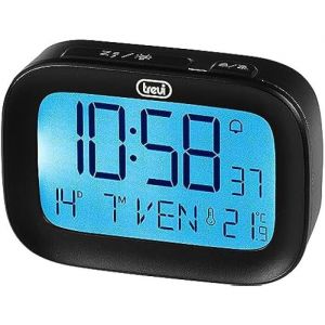 Trevi SLD 3850 Réveil numérique avec thermomètre intégré, Grand écran LCD, Horloge et Calendrier, Fonction Snooze, Noir