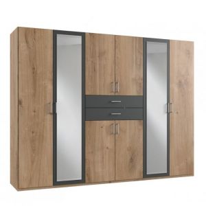 Wimex Armoire 6 portes chênes poutres 2 portes miroirs DIVER 270 cm 2 tiroirs graphites
