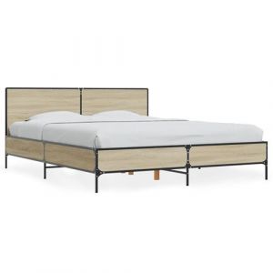 VidaXL Cadre de lit ch&ecirc;ne sonoma 150x200 cm bois d'ing&eacute;nierie et m&eacute;tal, lit, meuble de chambre &agrave; coucher, sommier, lit double, lit d&rsquo;invit&eacute;