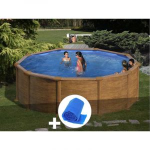 Gre Kit piscine acier aspect bois Mauritius ronde 3,70 x 1,32 m + Bâche à bulles