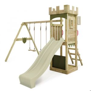 Fatmoose Tour de jeux Portique d'escalade TreasureTower avec balançoire et toboggan, tour d'escalade avec bac à sable, Échelle & accessoires de jeu