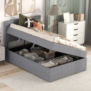 Lit coffre simple 90x200cm en lin gris Ouverture lat&eacute;ral Sommier &agrave; lattes en bois lit enfant lit rembourr&eacute; cadre de lit