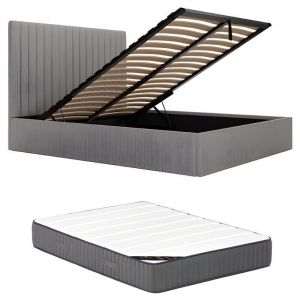 Lit coffre 180 x 200 cm avec tête de lit coutures verticales - Velours côtelé - Gris + Matelas - sarah