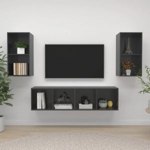 VidaXL Meubles TV muraux 4 pcs Gris brillant Aggloméré. Produit Neuf ! Garantie 0 ans !