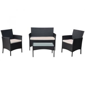 Happy Garden Salon de jardin CORFOU en résine tressée noire 4 places - coussins beige Noir
