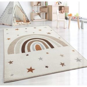 Tapis moderne doux pour enfants | Motif arc-en-ciel en cr&egrave;me 160x220 | Chambres de filles et de gar&ccedil;ons - The Carpet SOUND