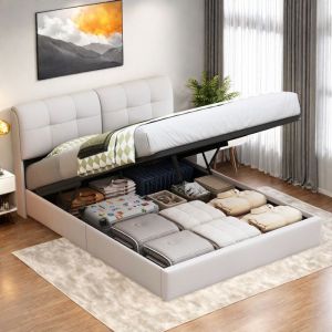 Lit coffre 160 x 200 cm en velours, Lit double avec t&ecirc;te de lit rembourr&eacute;e carr&eacute; avec LED 7 couleurs, Coffre de rangement et sommier