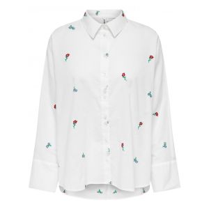 Only Chemisier FEMME avec manches longues et col fran&ccedil;ais coton blanc fleuri