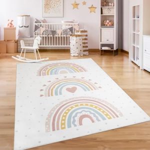 Paco Home - Tapis Chambre Enfant Bebe Fille Garcon Antidérapant Arc-en-ciel Coeur Pois 120 cm rond, Rose 2