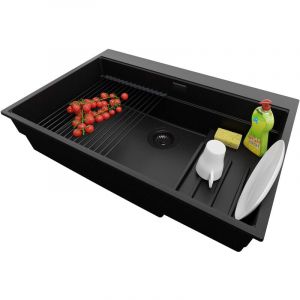 Primagran - vier Cusine en Granit 78x53 cm Lavabo Cuisine 1 Bac + Kit de Vidage, Évier au meuble 80 cm, Évier à Encastrer de Tout Noir